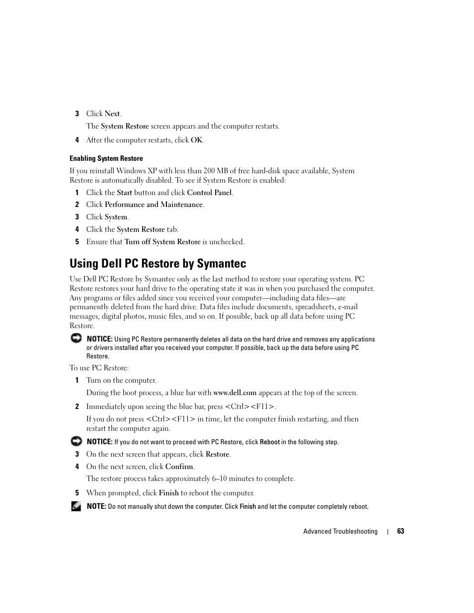 Using dell pc restore by symantec | Dell XPS/Dimension XPS Gen 4 User Manual | Page 63 / 154