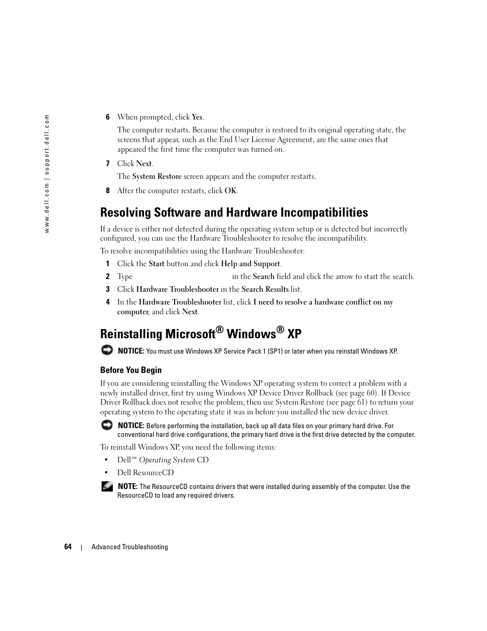 Resolving software and hardware incompatibilities, Reinstalling microsoft® windows® xp, Before you begin | Reinstalling microsoft, Cd. see "reinstalling microsoft, Windows | Dell XPS/Dimension XPS Gen 4 User Manual | Page 64 / 154