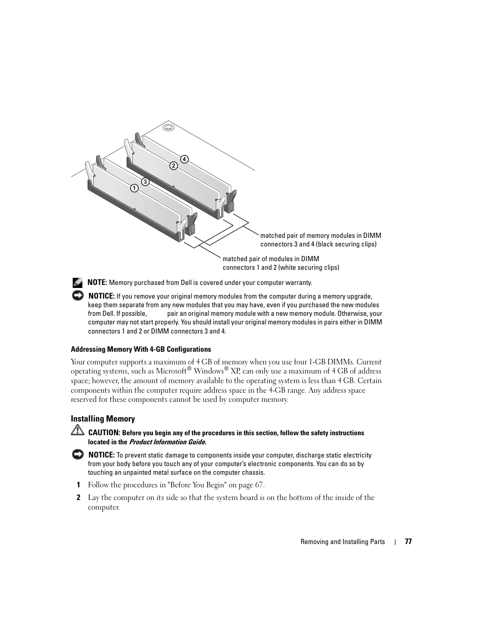 Installing memory | Dell XPS/Dimension XPS Gen 4 User Manual | Page 77 / 154