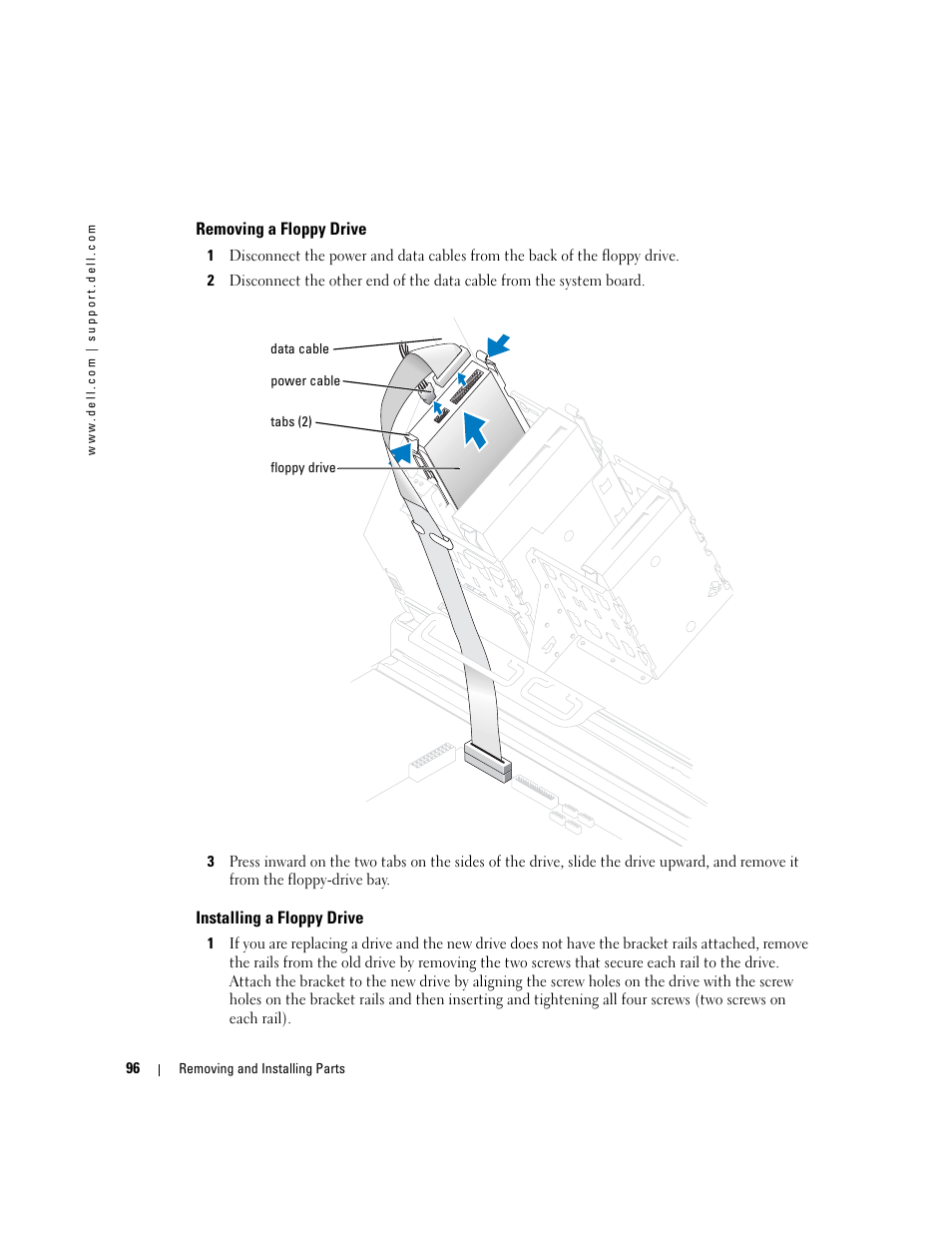 Removing a floppy drive, Installing a floppy drive | Dell XPS/Dimension XPS Gen 4 User Manual | Page 96 / 154