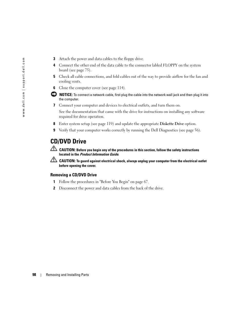 Cd/dvd drive, Removing a cd/dvd drive | Dell XPS/Dimension XPS Gen 4 User Manual | Page 98 / 154