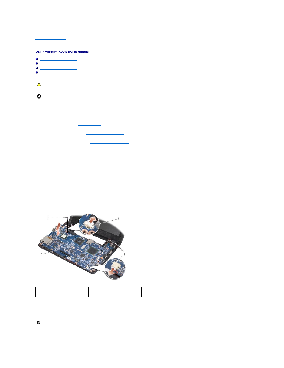 System board, Removing the system board, Replacing the system board | Dell Vostro A90 (Late 2008) User Manual | Page 34 / 37