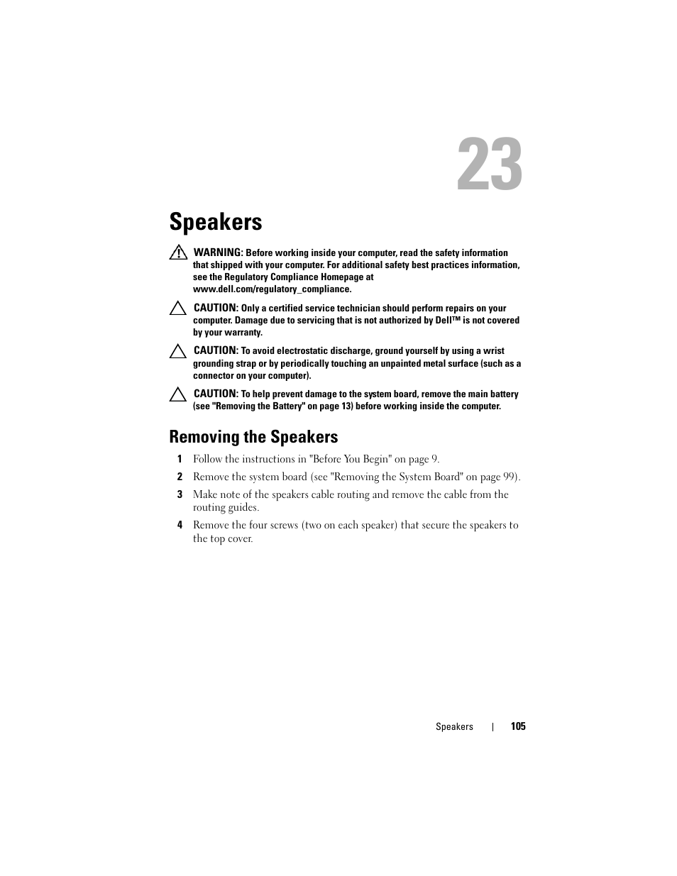 Speakers, Removing the speakers | Dell XPS 15 (L502X, Early 2011) User Manual | Page 105 / 110