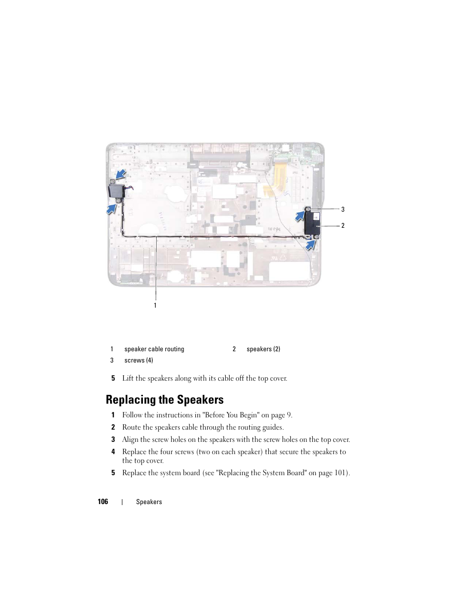 Replacing the speakers | Dell XPS 15 (L502X, Early 2011) User Manual | Page 106 / 110