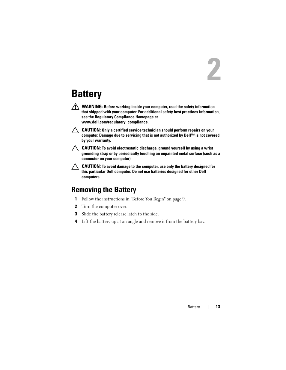 Battery, Removing the battery, 2 turn the computer over | 3 slide the battery release latch to the side | Dell XPS 15 (L502X, Early 2011) User Manual | Page 13 / 110