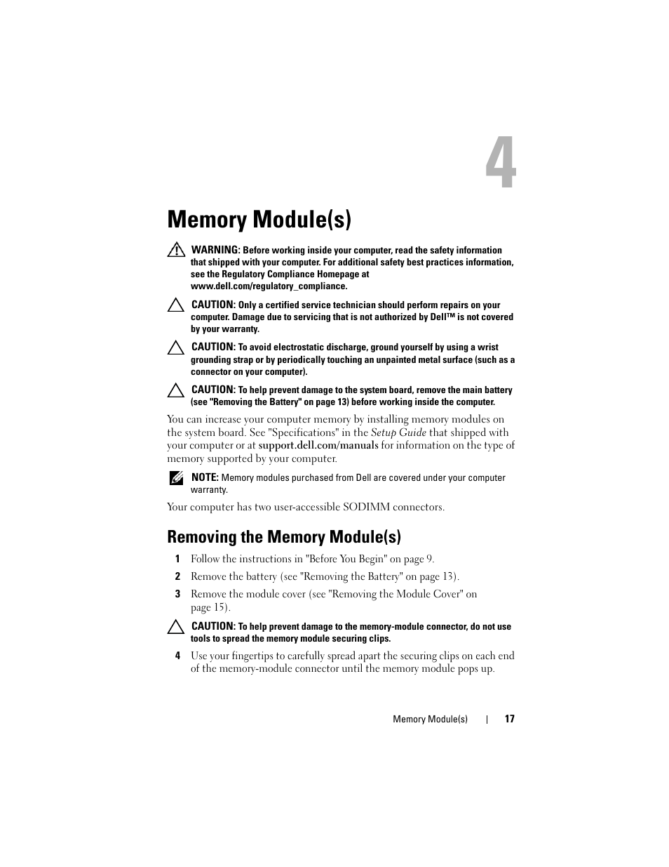 Memory module(s), Removing the memory module(s) | Dell XPS 15 (L502X, Early 2011) User Manual | Page 17 / 110