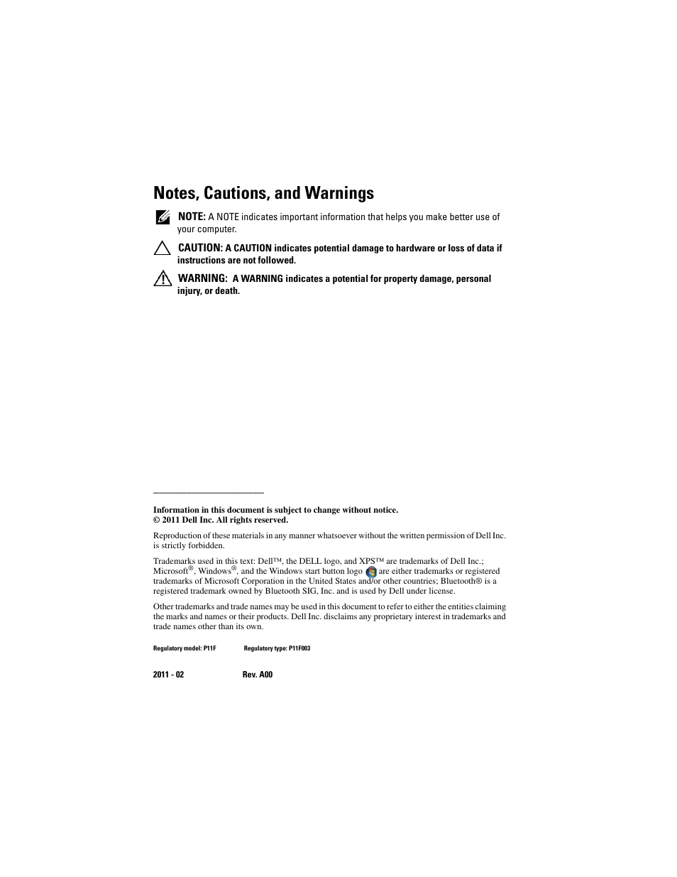 Notes, cautions, and warnings | Dell XPS 15 (L502X, Early 2011) User Manual | Page 2 / 110