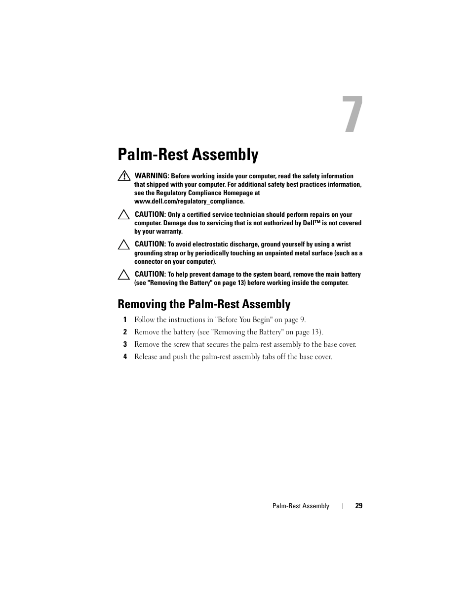 Palm-rest assembly, Removing the palm-rest assembly | Dell XPS 15 (L502X, Early 2011) User Manual | Page 29 / 110