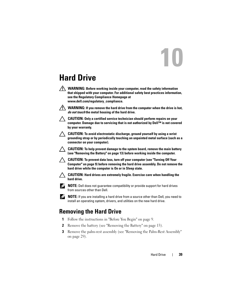 Hard drive, Removing the hard drive | Dell XPS 15 (L502X, Early 2011) User Manual | Page 39 / 110