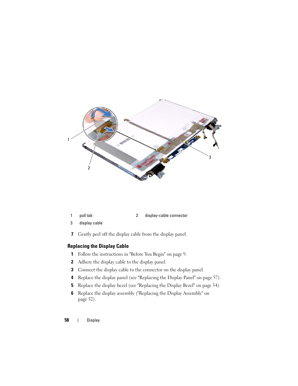 Replacing the display cable, 2 adhere the display cable to the display panel | Dell XPS 15 (L502X, Early 2011) User Manual | Page 58 / 110