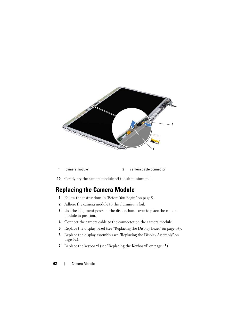 Replacing the camera module, 2 adhere the camera module to the aluminium foil | Dell XPS 15 (L502X, Early 2011) User Manual | Page 62 / 110