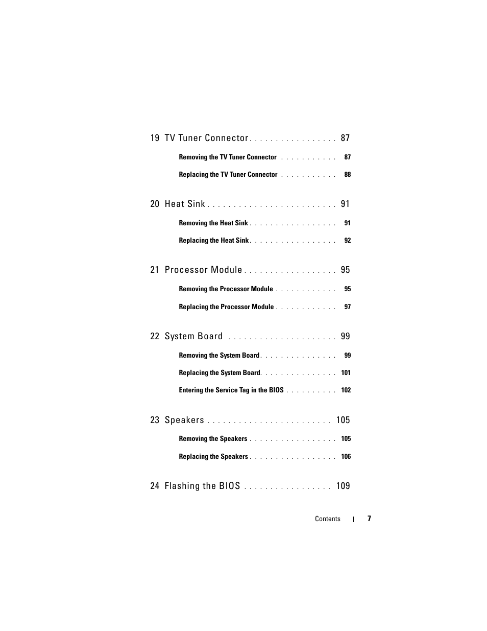 19 tv tuner connector, 20 heat sink, 21 processor module | 22 system board, 23 speakers, 24 flashing the bios | Dell XPS 15 (L502X, Early 2011) User Manual | Page 7 / 110