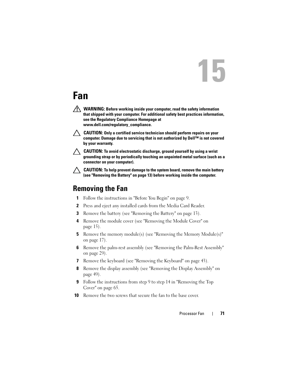 Removing the fan | Dell XPS 15 (L502X, Early 2011) User Manual | Page 71 / 110