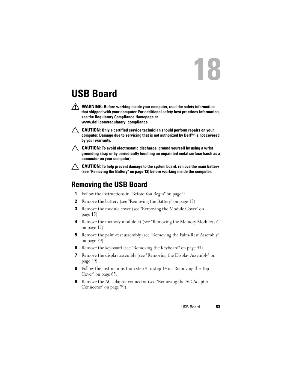 Usb board, Removing the usb board | Dell XPS 15 (L502X, Early 2011) User Manual | Page 83 / 110