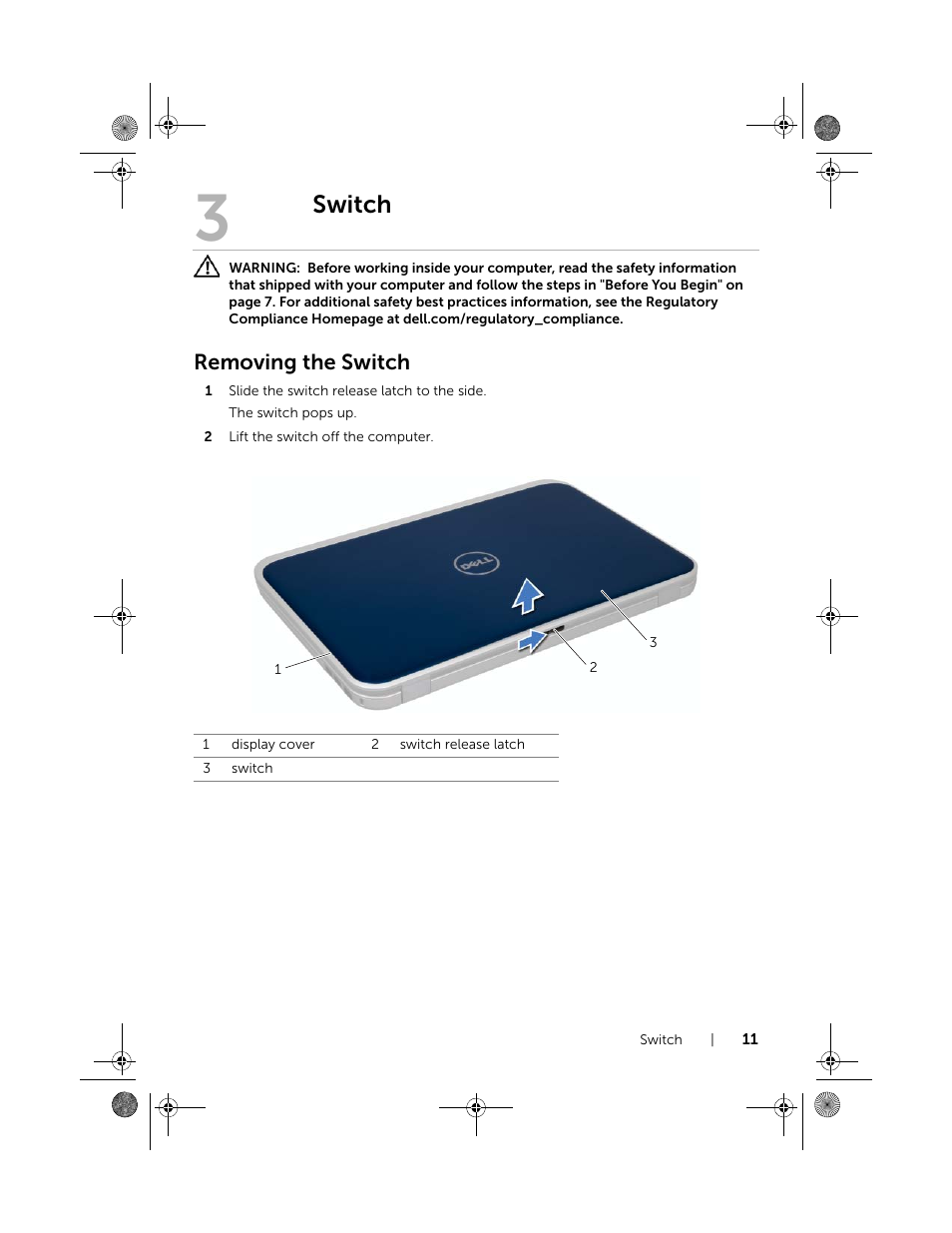 Switch, Removing the switch | Dell Inspiron 15R (5520, Mid 2012) User Manual | Page 11 / 84