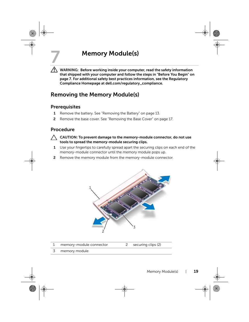 Memory module(s), Removing the memory module(s) | Dell Inspiron 15R (5520, Mid 2012) User Manual | Page 19 / 84