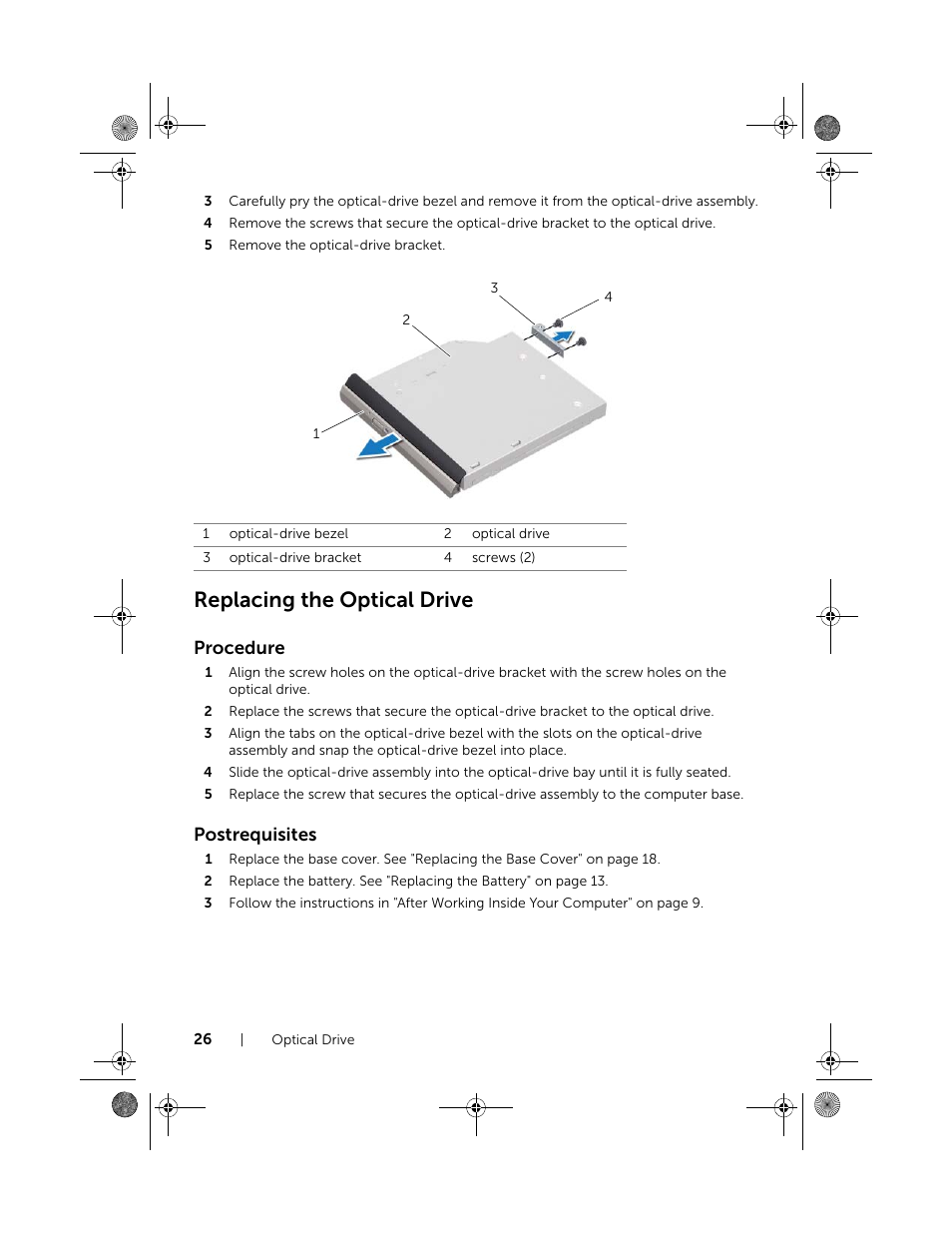 Replacing the optical drive, Procedure, Postrequisites | Dell Inspiron 15R (5520, Mid 2012) User Manual | Page 26 / 84