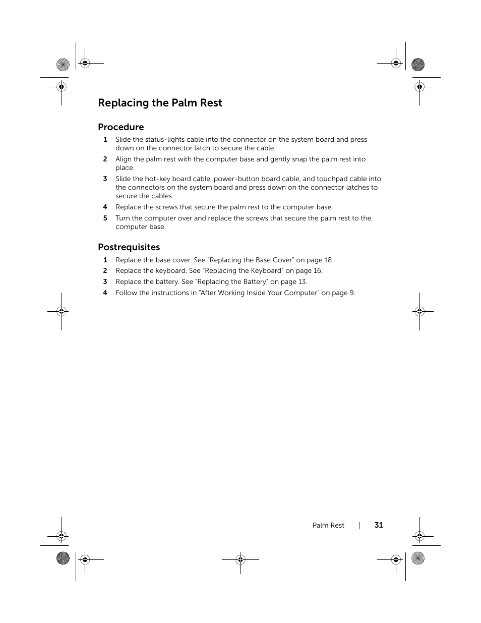 Replacing the palm rest, Procedure, Postrequisites | Dell Inspiron 15R (5520, Mid 2012) User Manual | Page 31 / 84
