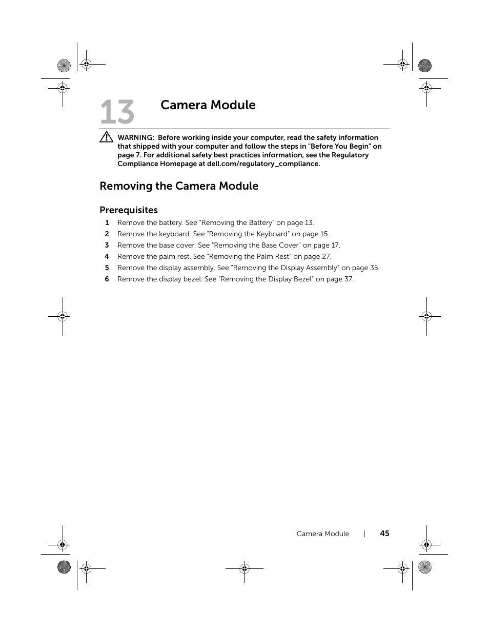 Camera module, Removing the camera module | Dell Inspiron 15R (5520, Mid 2012) User Manual | Page 45 / 84