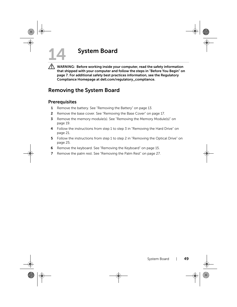 System board, Removing the system board | Dell Inspiron 15R (5520, Mid 2012) User Manual | Page 49 / 84