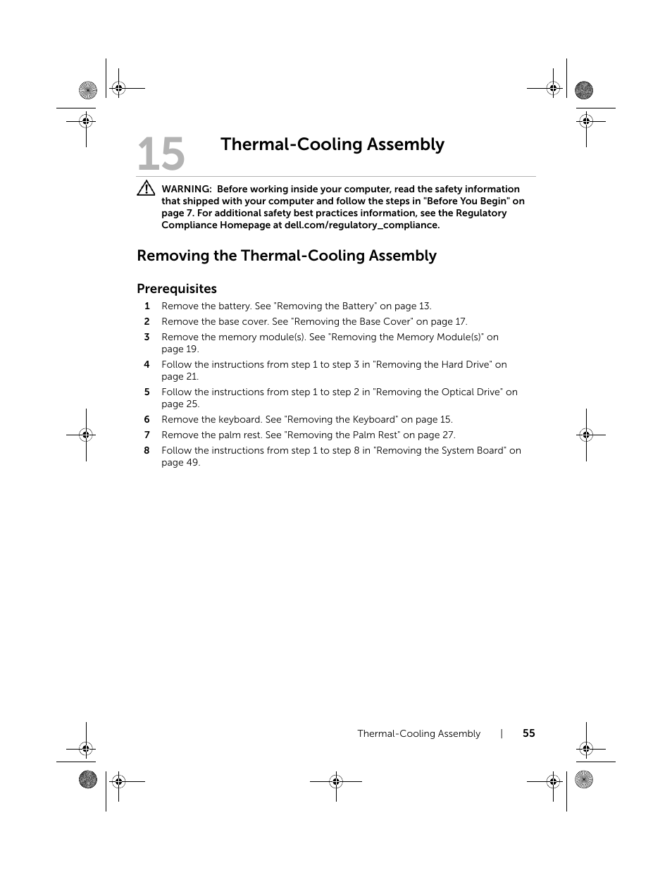 Thermal-cooling assembly, Removing the thermal-cooling assembly | Dell Inspiron 15R (5520, Mid 2012) User Manual | Page 55 / 84