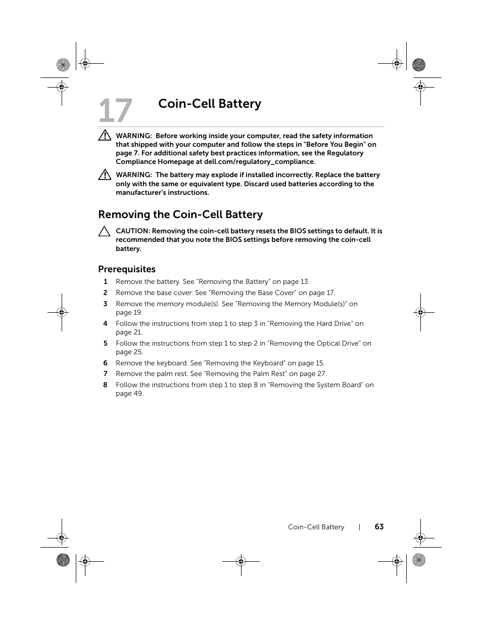 Coin-cell battery, Removing the coin-cell battery | Dell Inspiron 15R (5520, Mid 2012) User Manual | Page 63 / 84