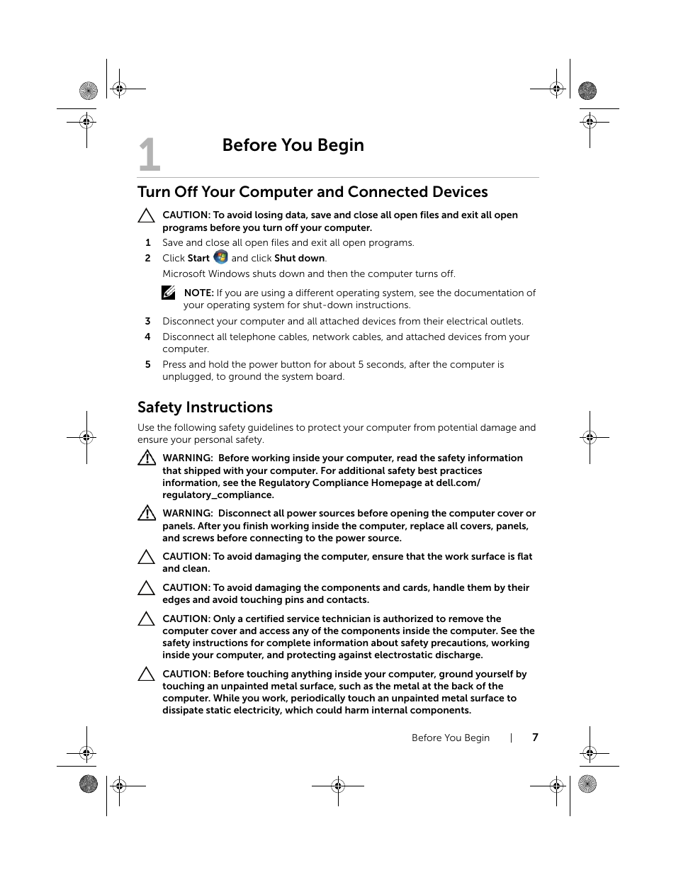 Before you begin, Turn off your computer and connected devices, Safety instructions | Dell Inspiron 15R (5520, Mid 2012) User Manual | Page 7 / 84