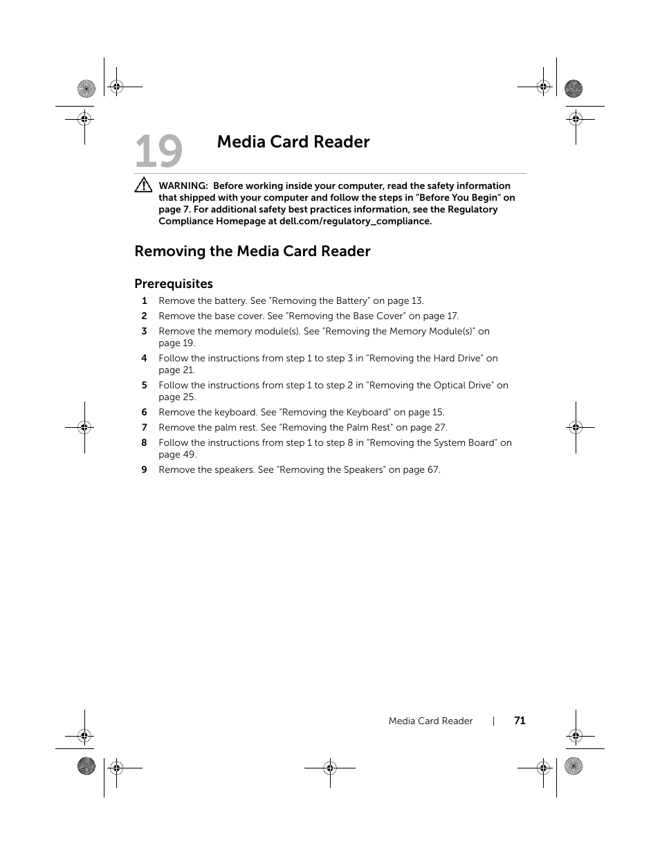 Media card reader, Removing the media card reader | Dell Inspiron 15R (5520, Mid 2012) User Manual | Page 71 / 84