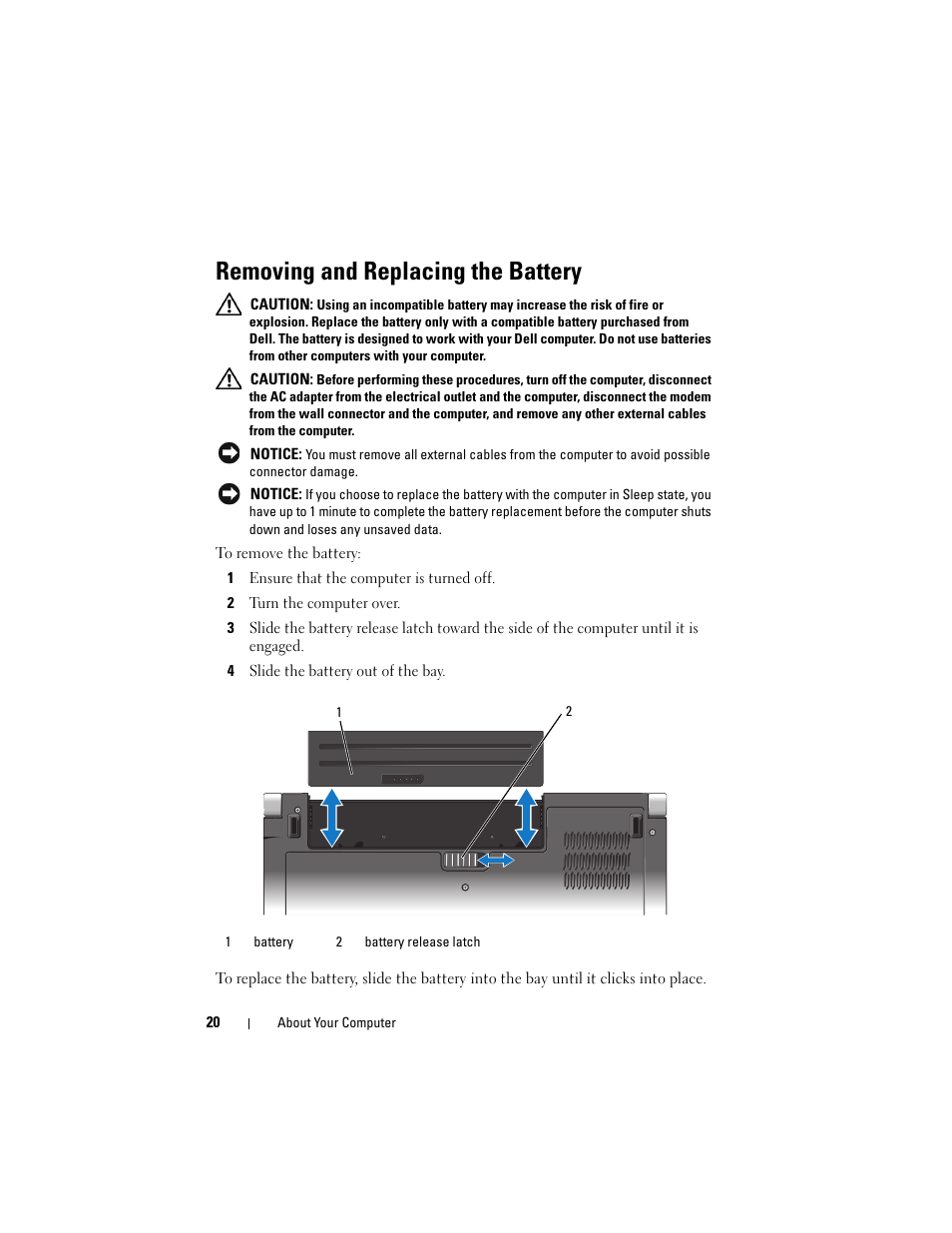 Removing and replacing the battery | Dell Studio 1536 (Mid 2008) User Manual | Page 20 / 64