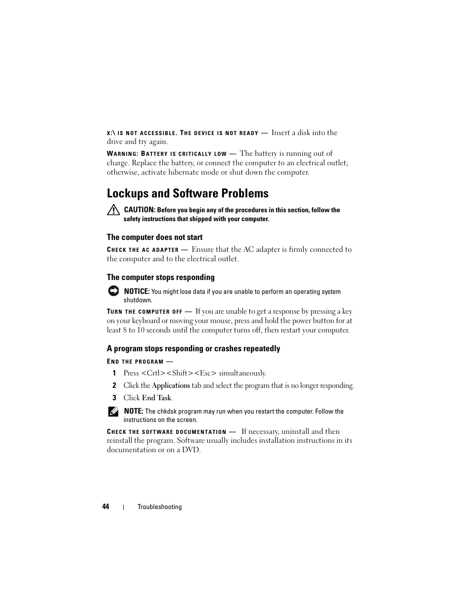 Lockups and software problems, The computer does not start, The computer stops responding | A program stops responding or crashes repeatedly | Dell Studio 1536 (Mid 2008) User Manual | Page 44 / 64