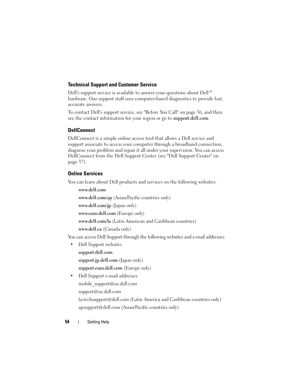 Technical support and customer service, Dellconnect, Online services | Dell Studio 1536 (Mid 2008) User Manual | Page 54 / 64