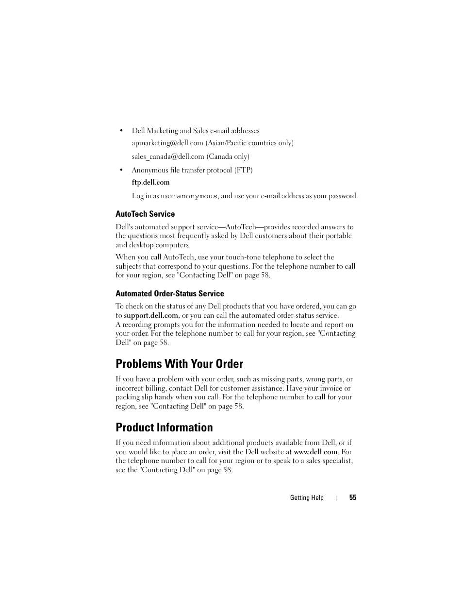 Autotech service, Automated order-status service, Problems with your order | Product information | Dell Studio 1536 (Mid 2008) User Manual | Page 55 / 64