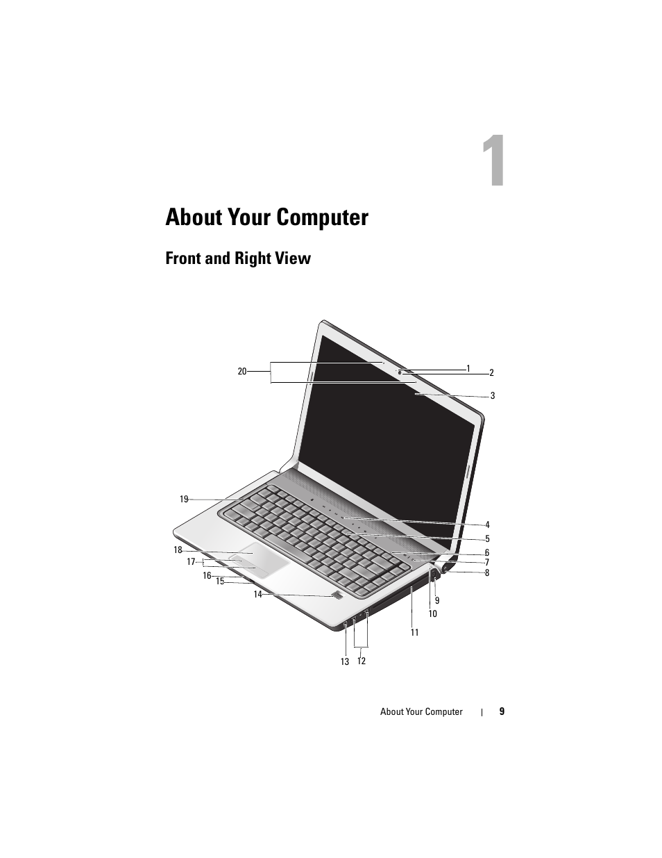 About your computer, Front and right view | Dell Studio 1536 (Mid 2008) User Manual | Page 9 / 64