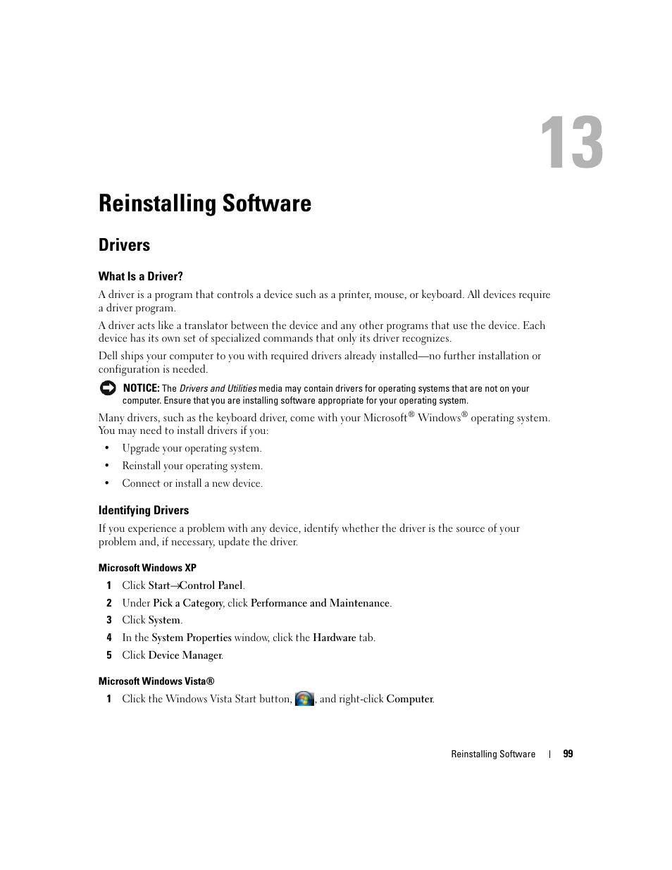 Reinstalling software, Drivers | Dell Precision M4300 (Mid 2007) User Manual | Page 101 / 160