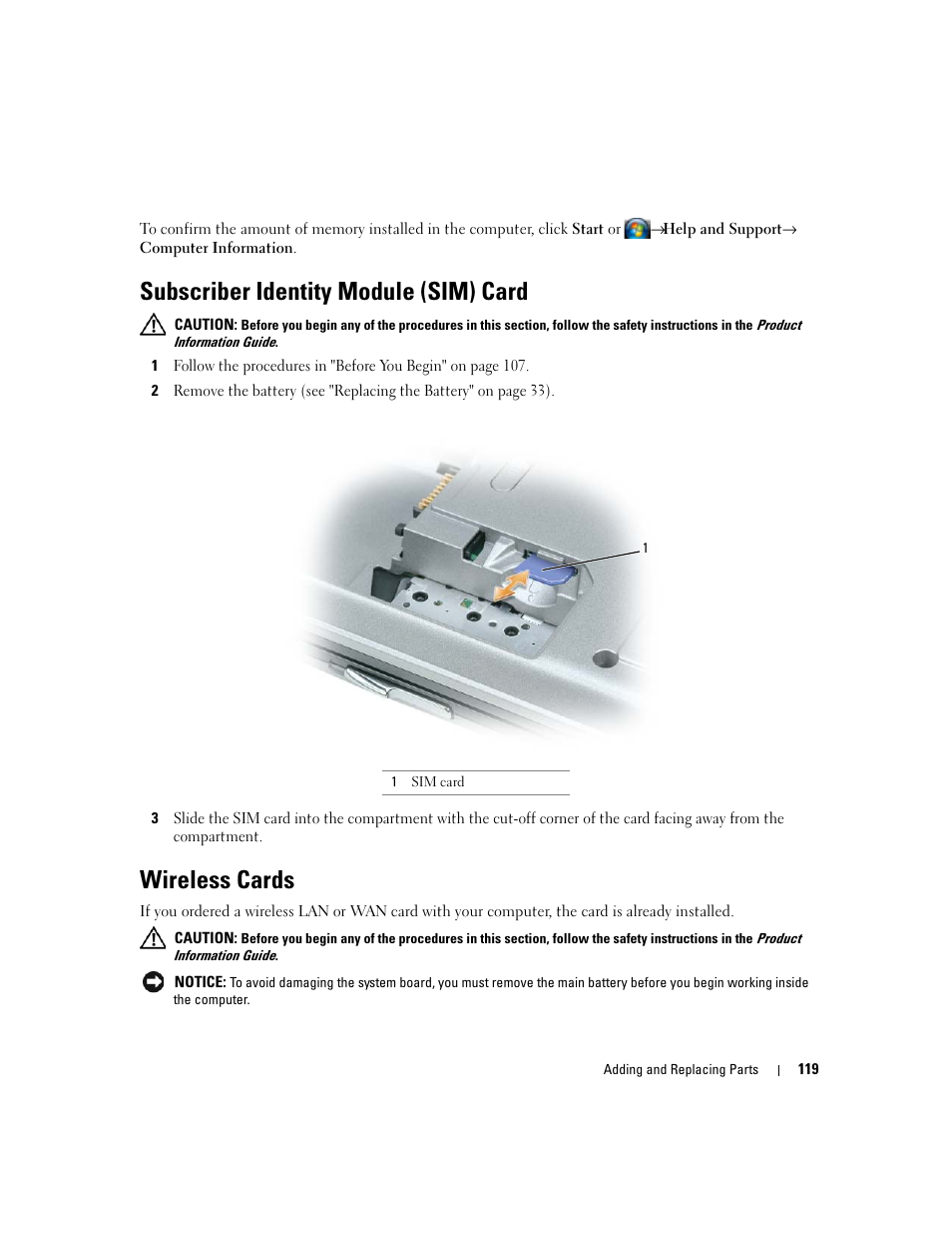 Subscriber identity module (sim) card, Wireless cards | Dell Precision M4300 (Mid 2007) User Manual | Page 121 / 160