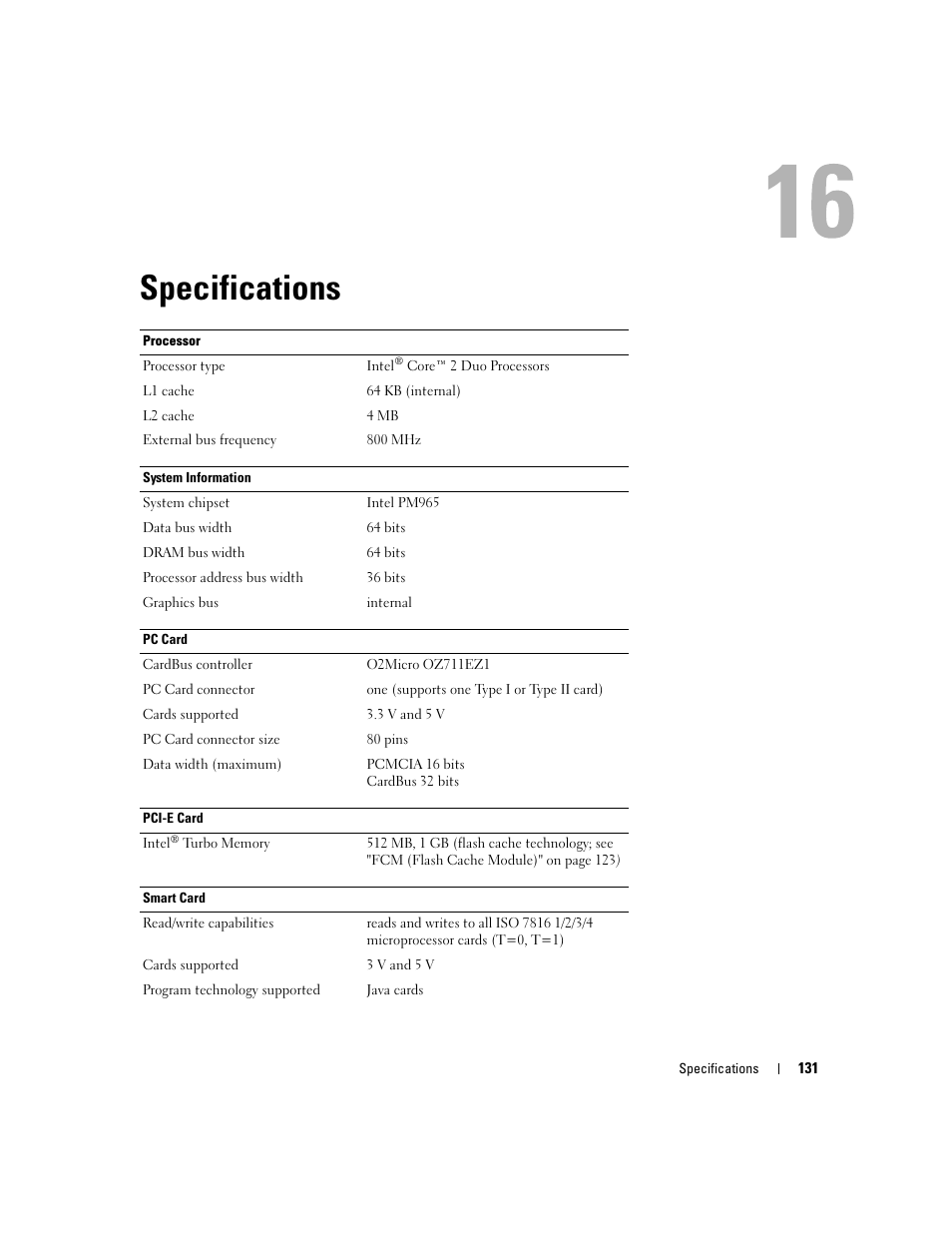 Specifications | Dell Precision M4300 (Mid 2007) User Manual | Page 133 / 160