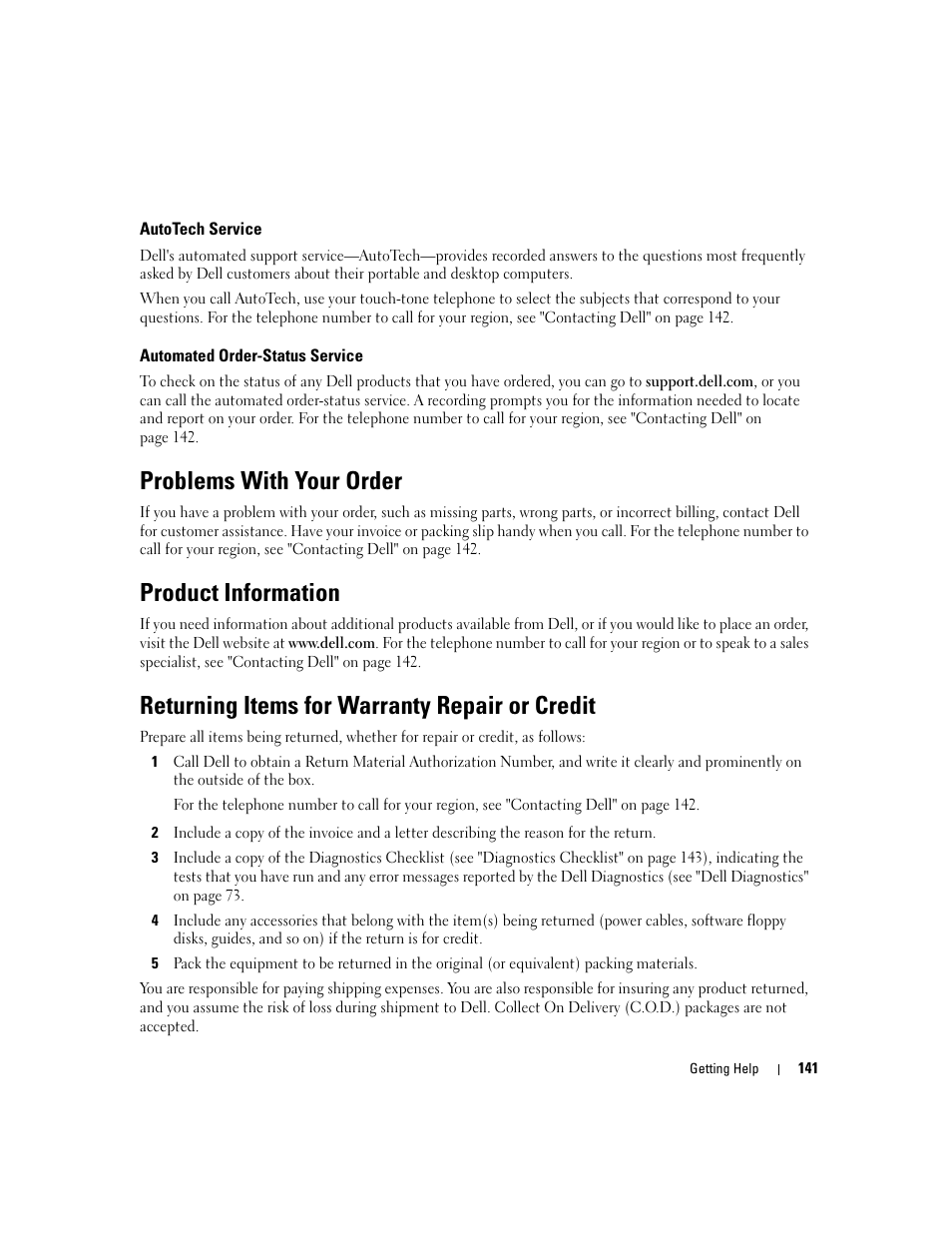 Problems with your order, Product information, Returning items for warranty repair or credit | Dell Precision M4300 (Mid 2007) User Manual | Page 143 / 160