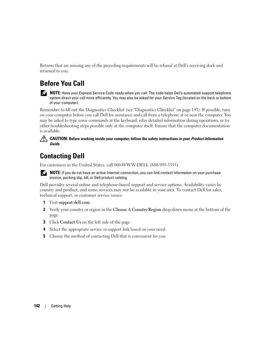 Before you call, Contacting dell | Dell Precision M4300 (Mid 2007) User Manual | Page 144 / 160