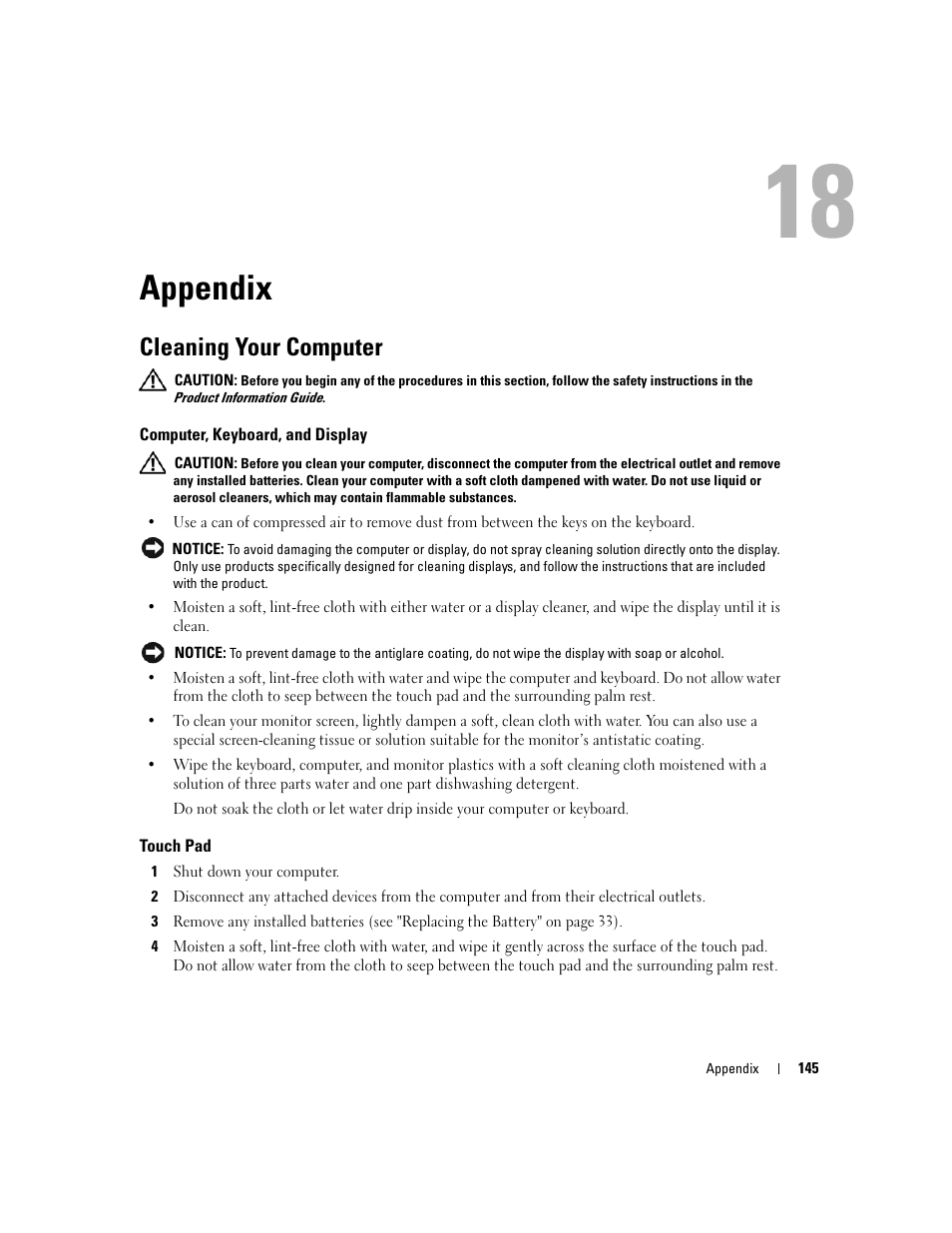 Appendix, Cleaning your computer | Dell Precision M4300 (Mid 2007) User Manual | Page 147 / 160