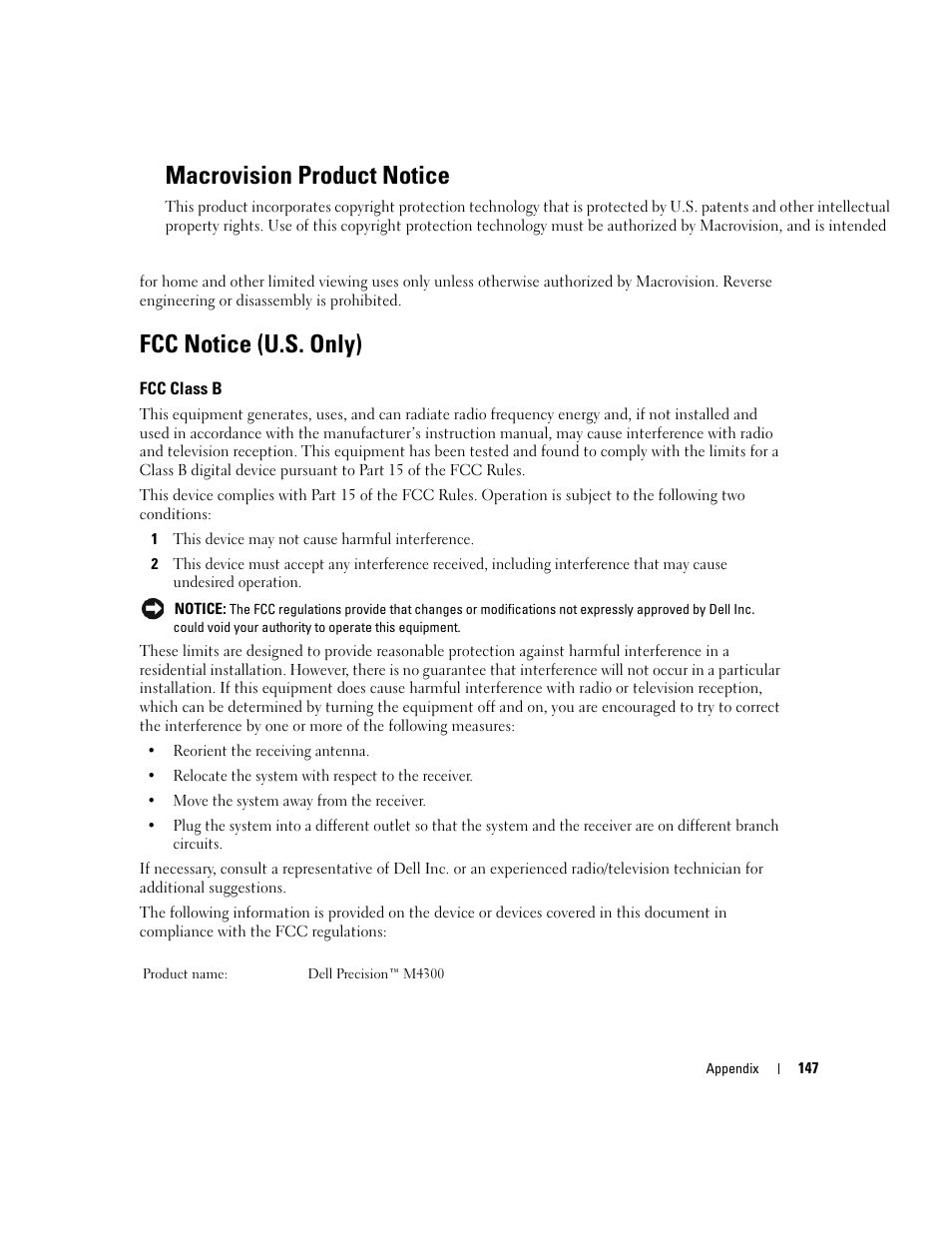 Macrovision product notice, Fcc notice (u.s. only) | Dell Precision M4300 (Mid 2007) User Manual | Page 149 / 160