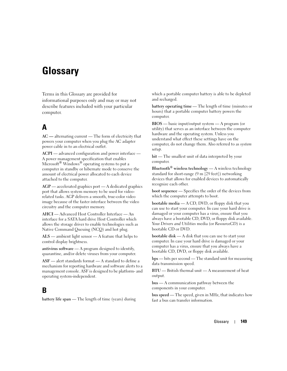 Glossary | Dell Precision M4300 (Mid 2007) User Manual | Page 151 / 160