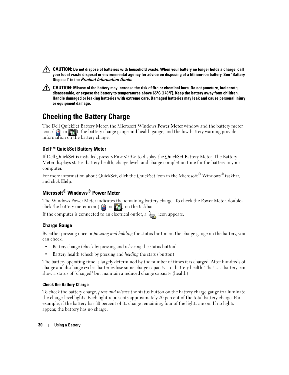 Checking the battery charge | Dell Precision M4300 (Mid 2007) User Manual | Page 32 / 160