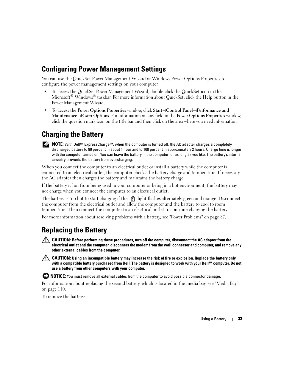 Configuring power management settings, Charging the battery, Replacing the battery | Dell Precision M4300 (Mid 2007) User Manual | Page 35 / 160
