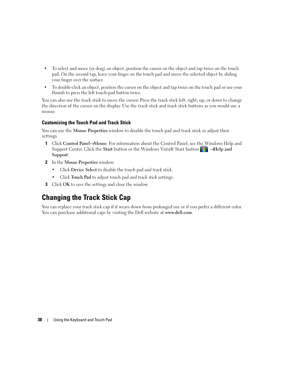 Changing the track stick cap | Dell Precision M4300 (Mid 2007) User Manual | Page 40 / 160