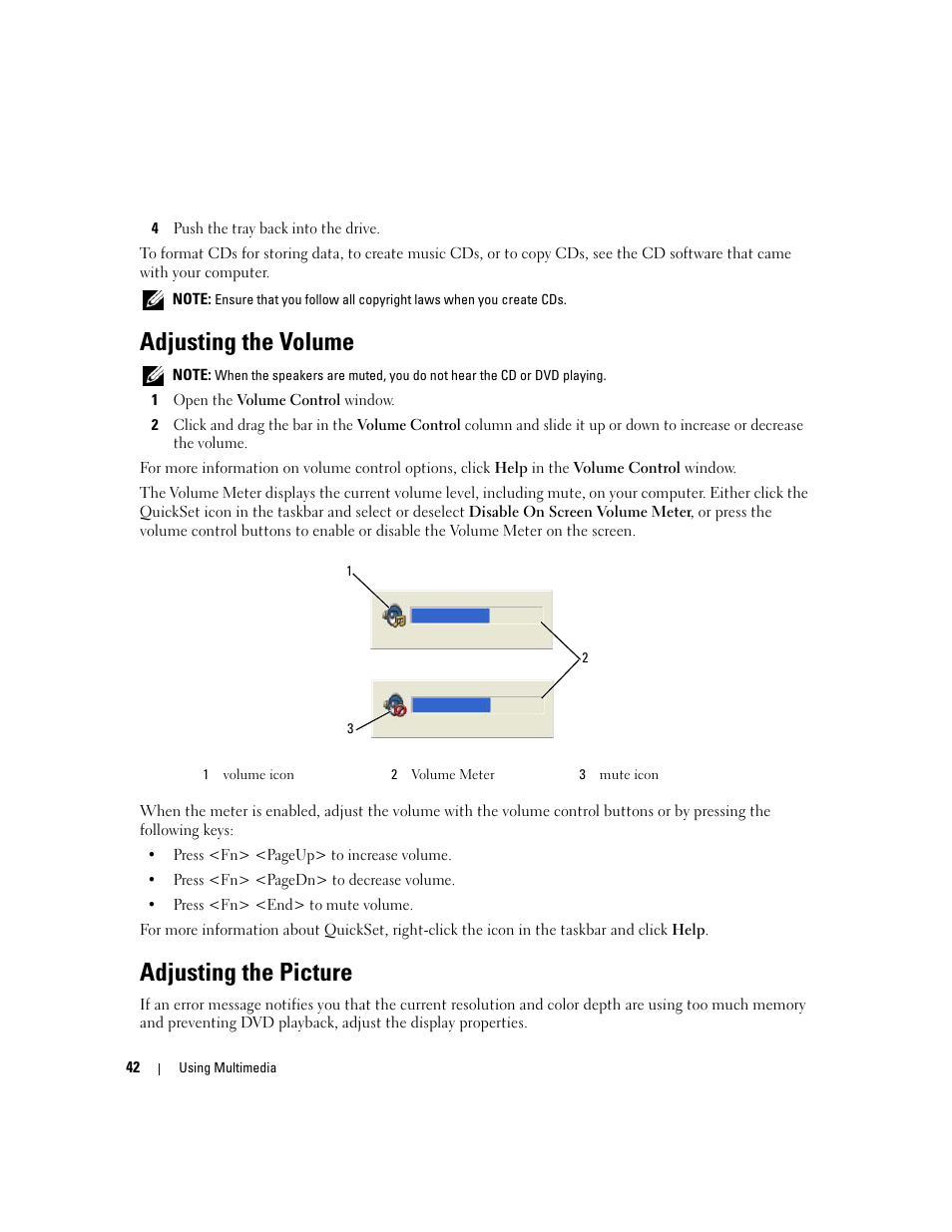 Adjusting the volume, Adjusting the picture | Dell Precision M4300 (Mid 2007) User Manual | Page 44 / 160