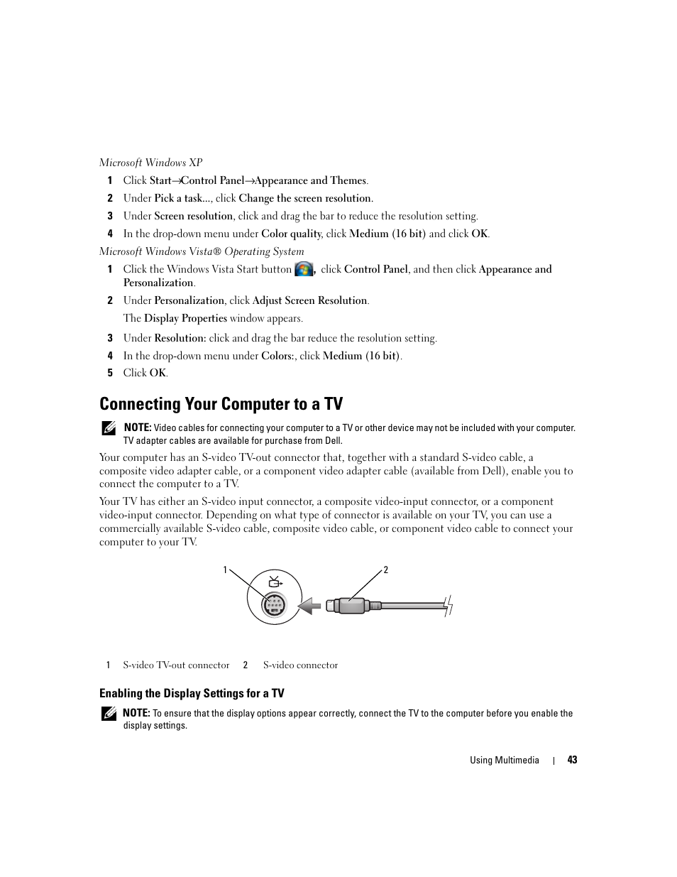 Connecting your computer to a tv | Dell Precision M4300 (Mid 2007) User Manual | Page 45 / 160