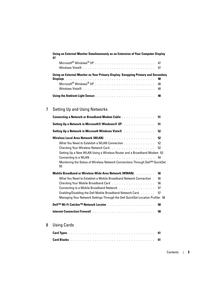 7setting up and using networks, 8using cards | Dell Precision M4300 (Mid 2007) User Manual | Page 5 / 160