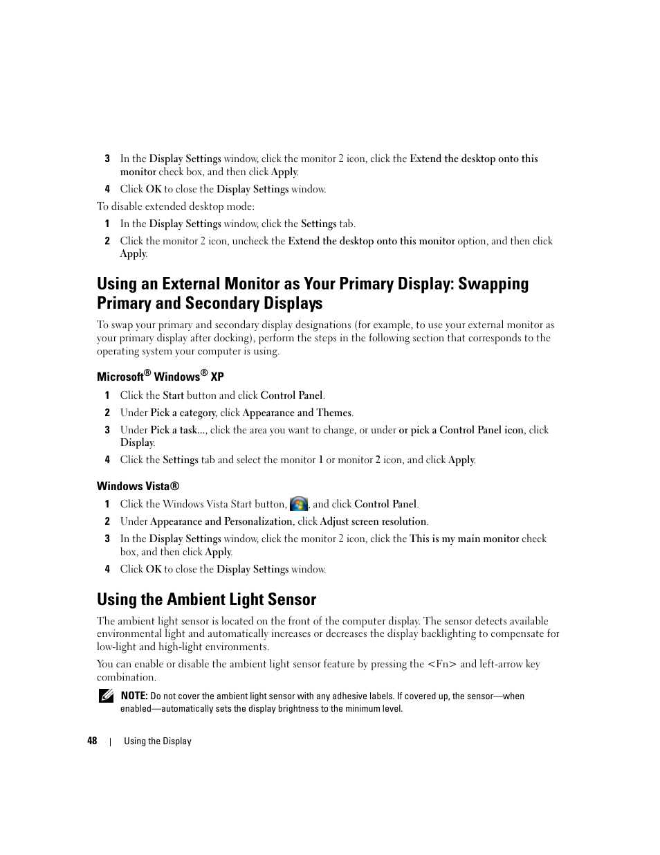 Using the ambient light sensor | Dell Precision M4300 (Mid 2007) User Manual | Page 50 / 160