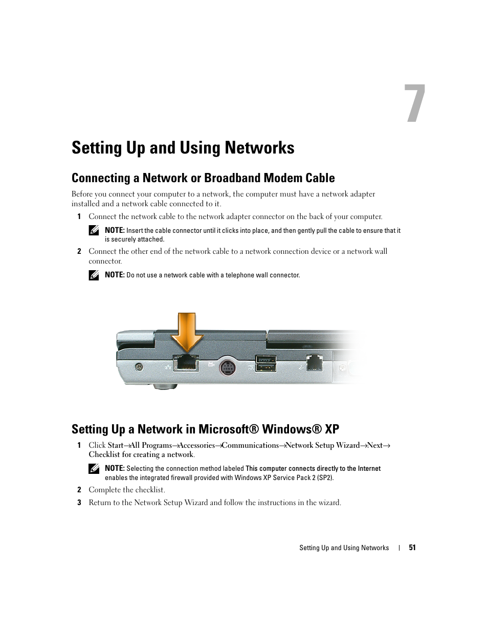 Setting up and using networks, Connecting a network or broadband modem cable, Setting up a network in microsoft® windows® xp | Dell Precision M4300 (Mid 2007) User Manual | Page 53 / 160