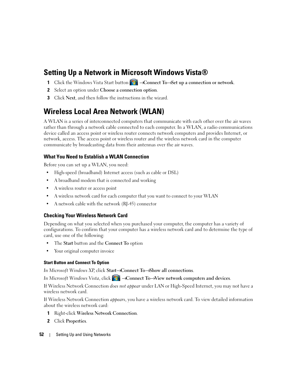 Setting up a network in microsoft windows vista, Wireless local area network (wlan) | Dell Precision M4300 (Mid 2007) User Manual | Page 54 / 160